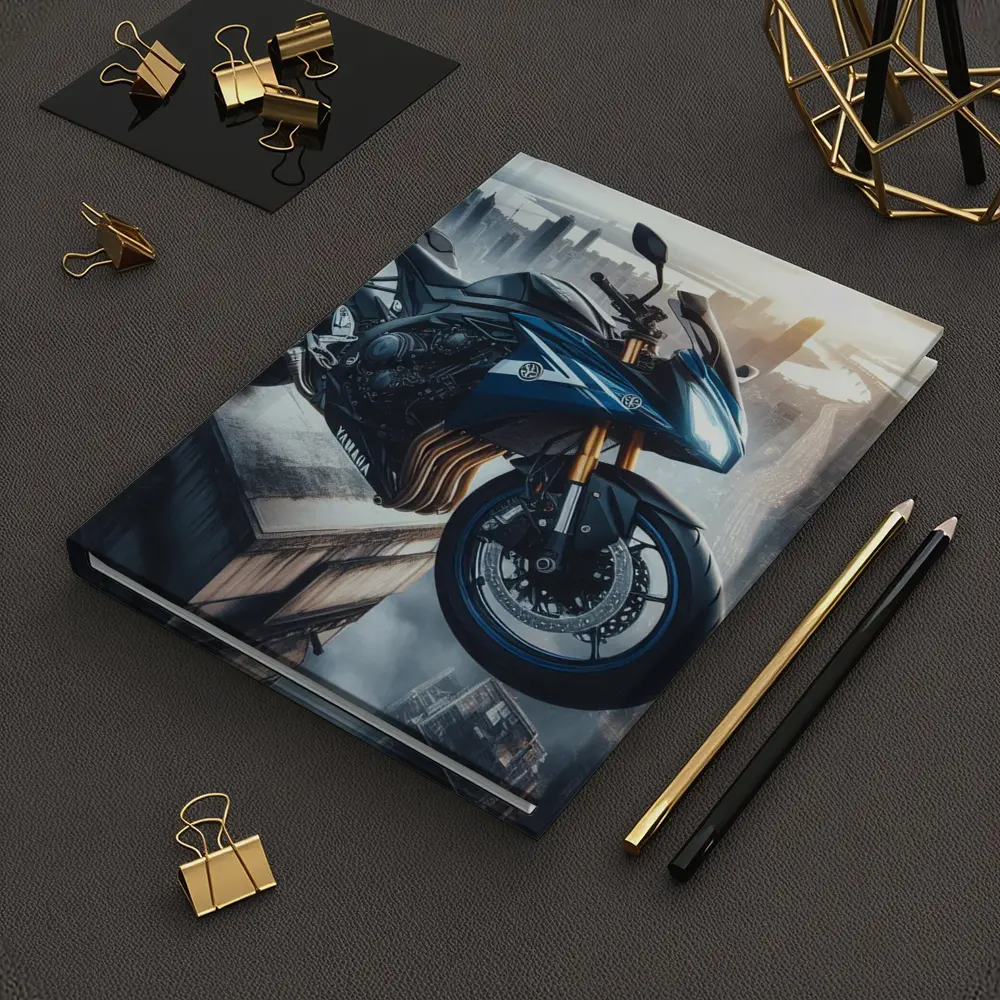 Yamaha Sport Bike Above Futuristic City Skyline – Notebooks