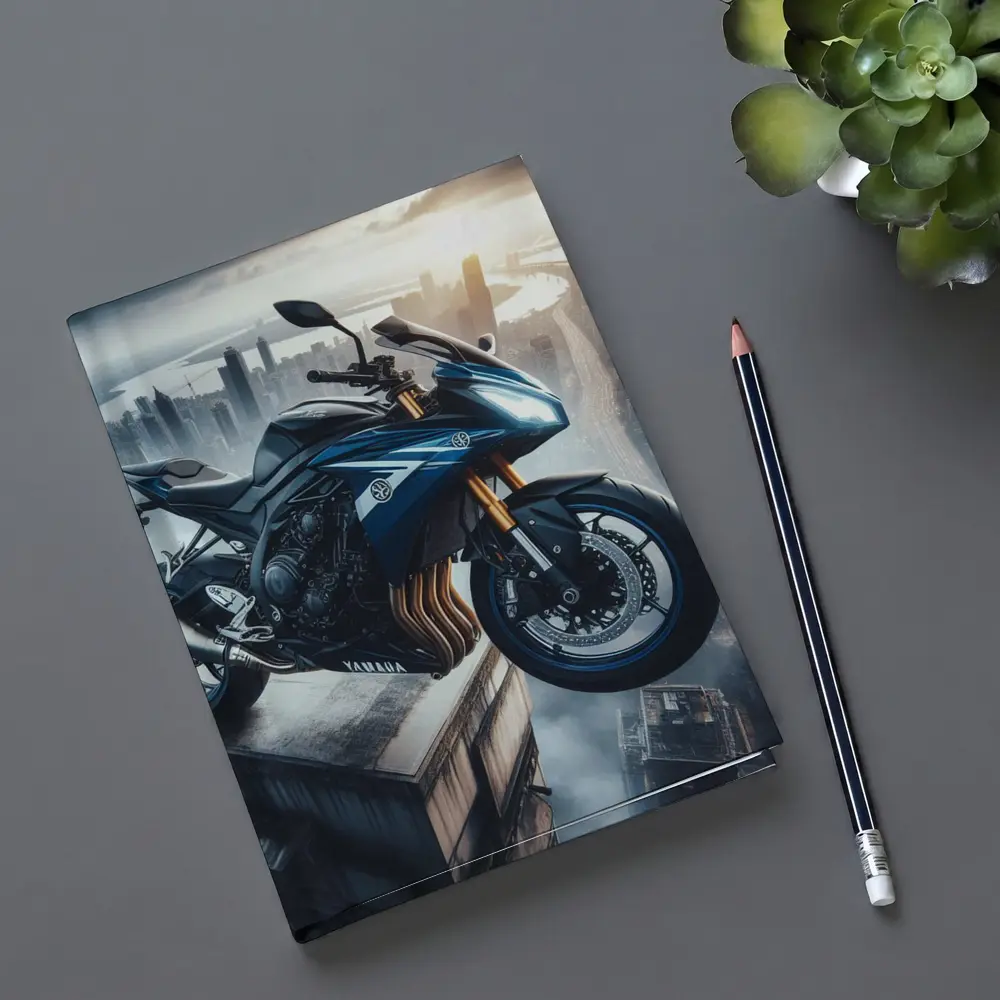 Yamaha Sport Bike Above Futuristic City Skyline – Notebooks