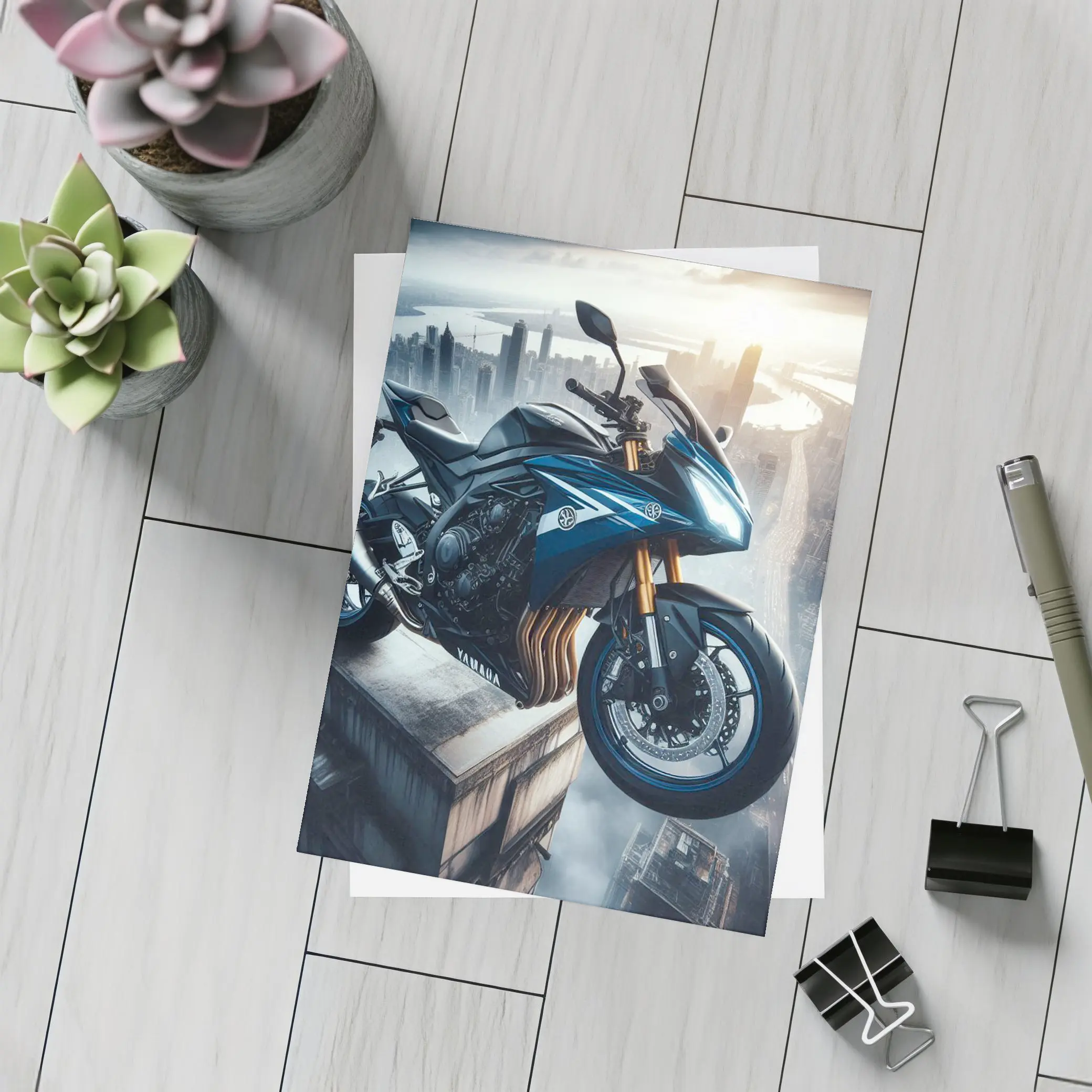Yamaha Sport Bike Above Futuristic City Skyline – Postcards