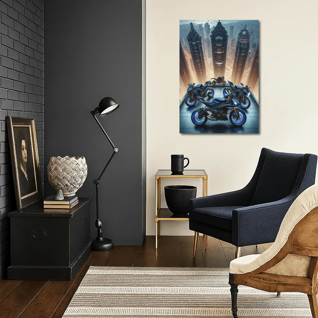 Sport Bikes Futuristic City Skyline Night – Wall Art