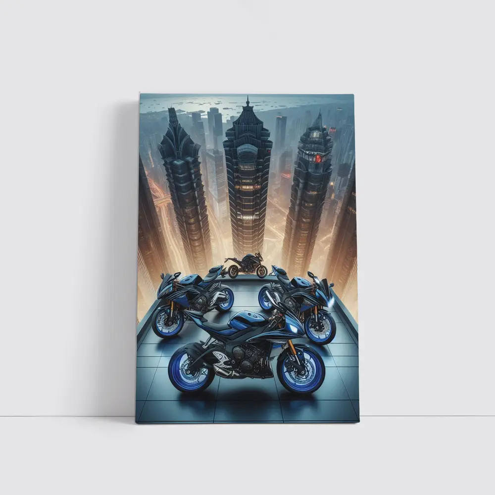 Sport Bikes Futuristic City Skyline Night – Wall Art