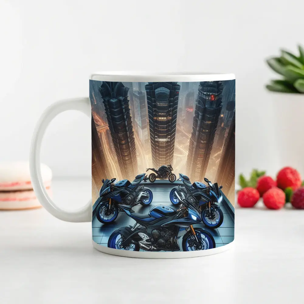 Sport Bikes Futuristic City Skyline Night – Mugs