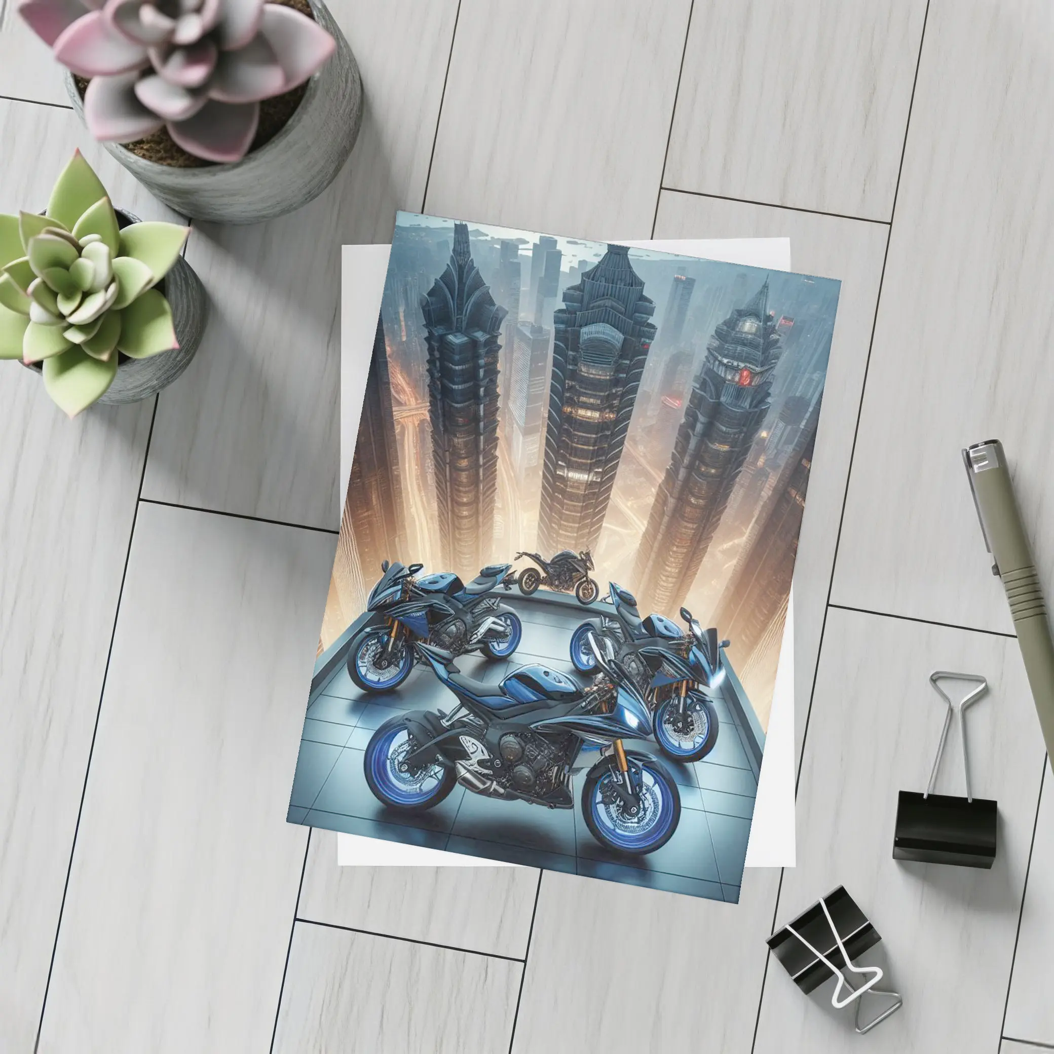 Sport Bikes Futuristic City Skyline Night – Postcards