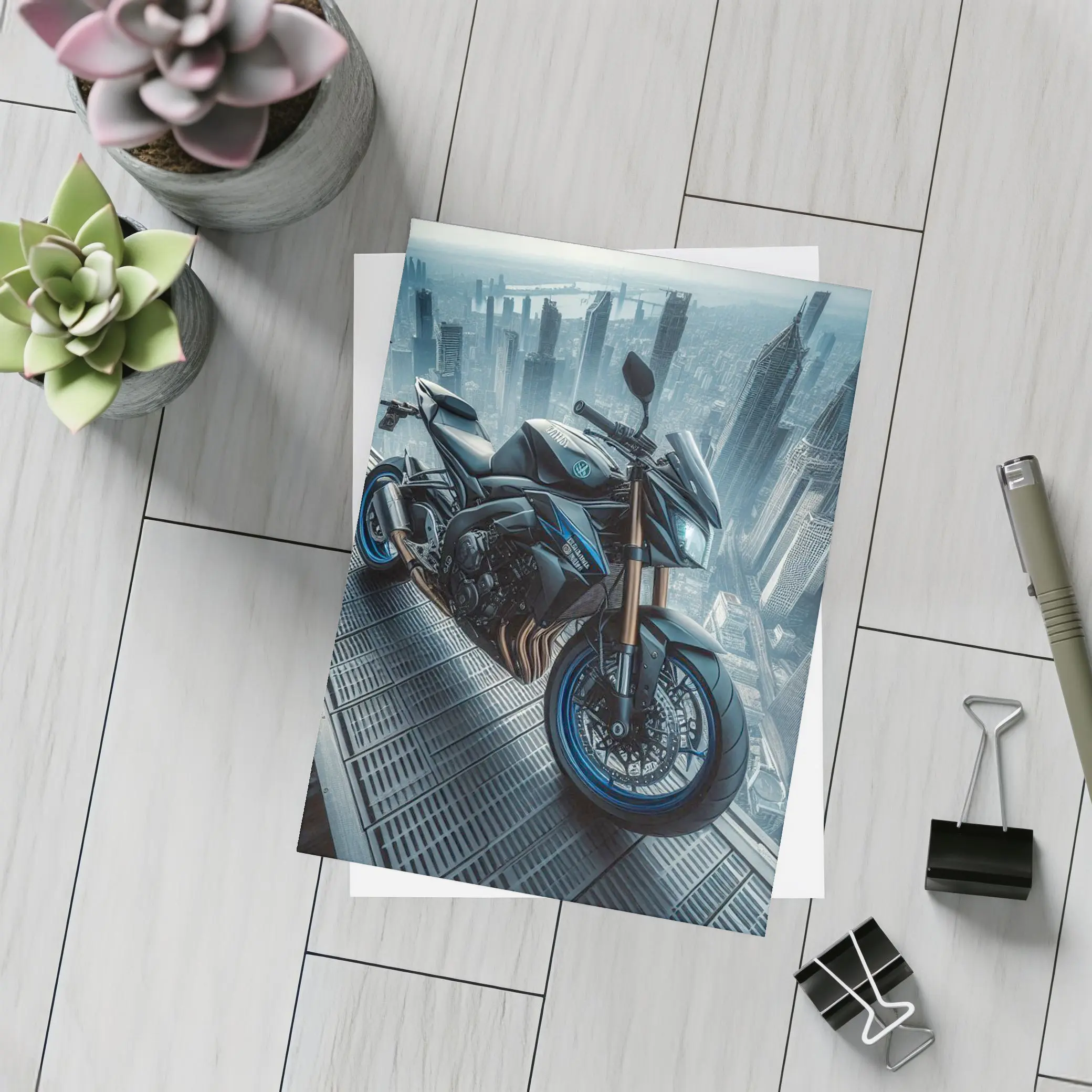 Yamaha Streetfighter Motorcycle Futuristic City Skyline – Postcards