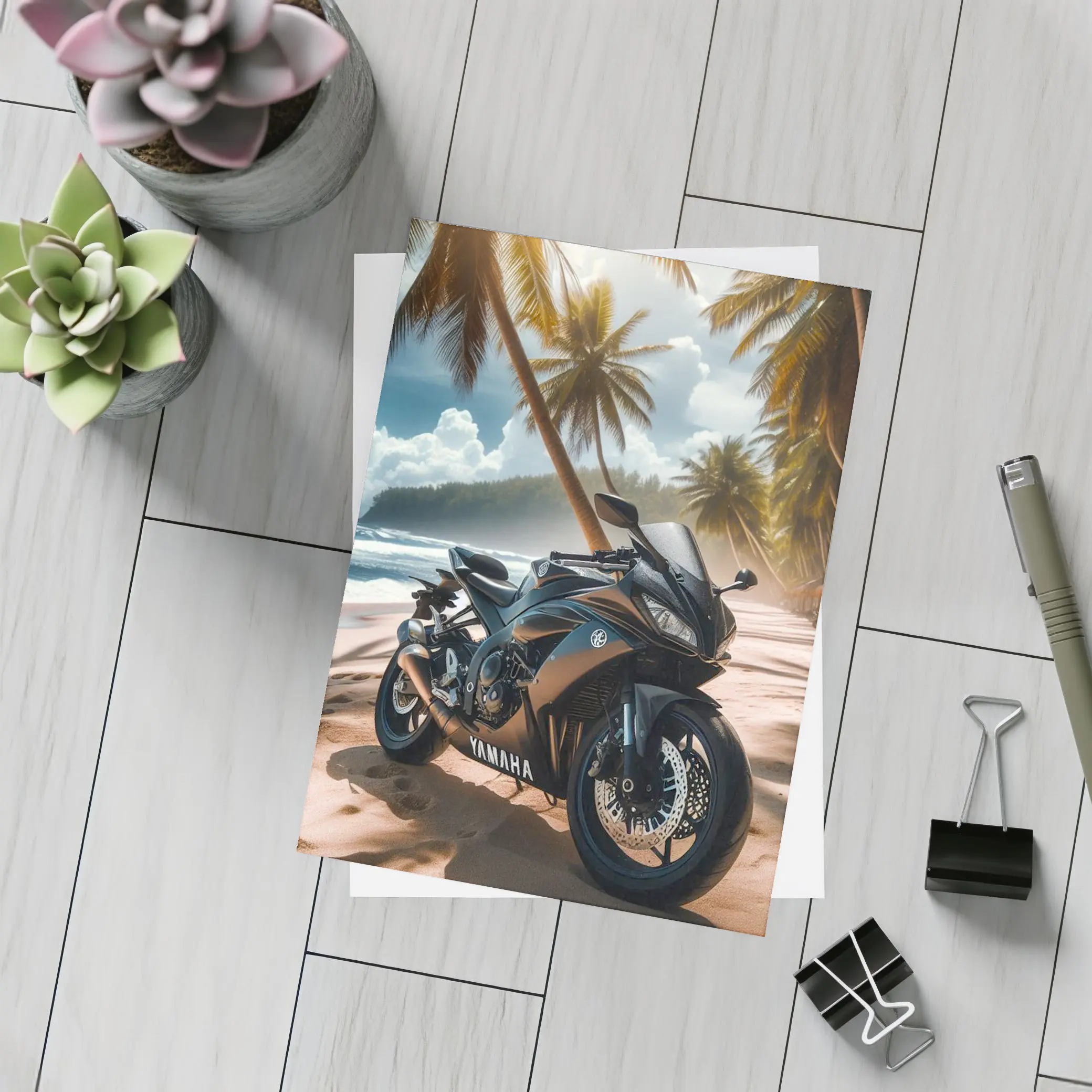 Yamaha Sport Bike Tropical Beach Palm Trees – Postcards