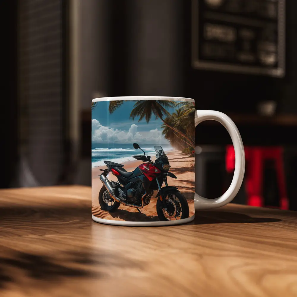 Yamaha Adventure Motorcycle Tropical Beach Scene – Mugs