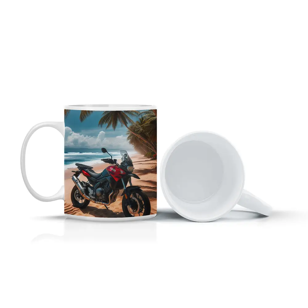Yamaha Adventure Motorcycle Tropical Beach Scene – Mugs