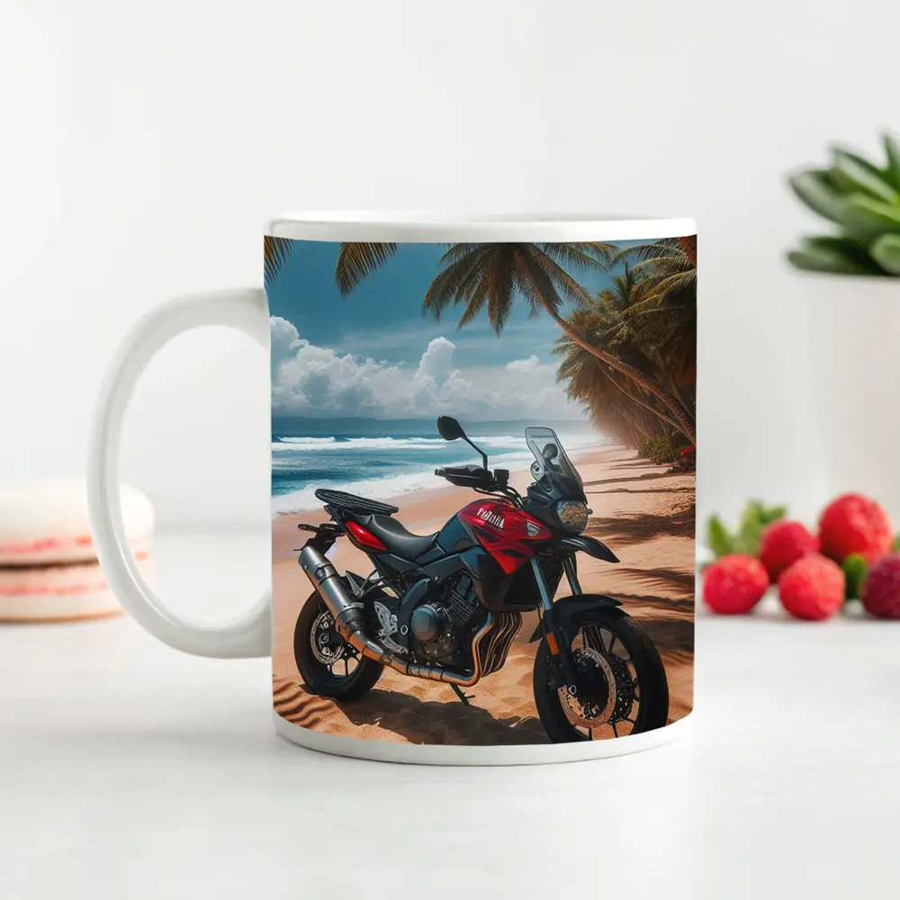 Yamaha Adventure Motorcycle Tropical Beach Scene – Mugs