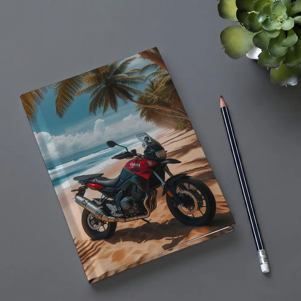 Yamaha Adventure Motorcycle Tropical Beach Scene – Notebooks