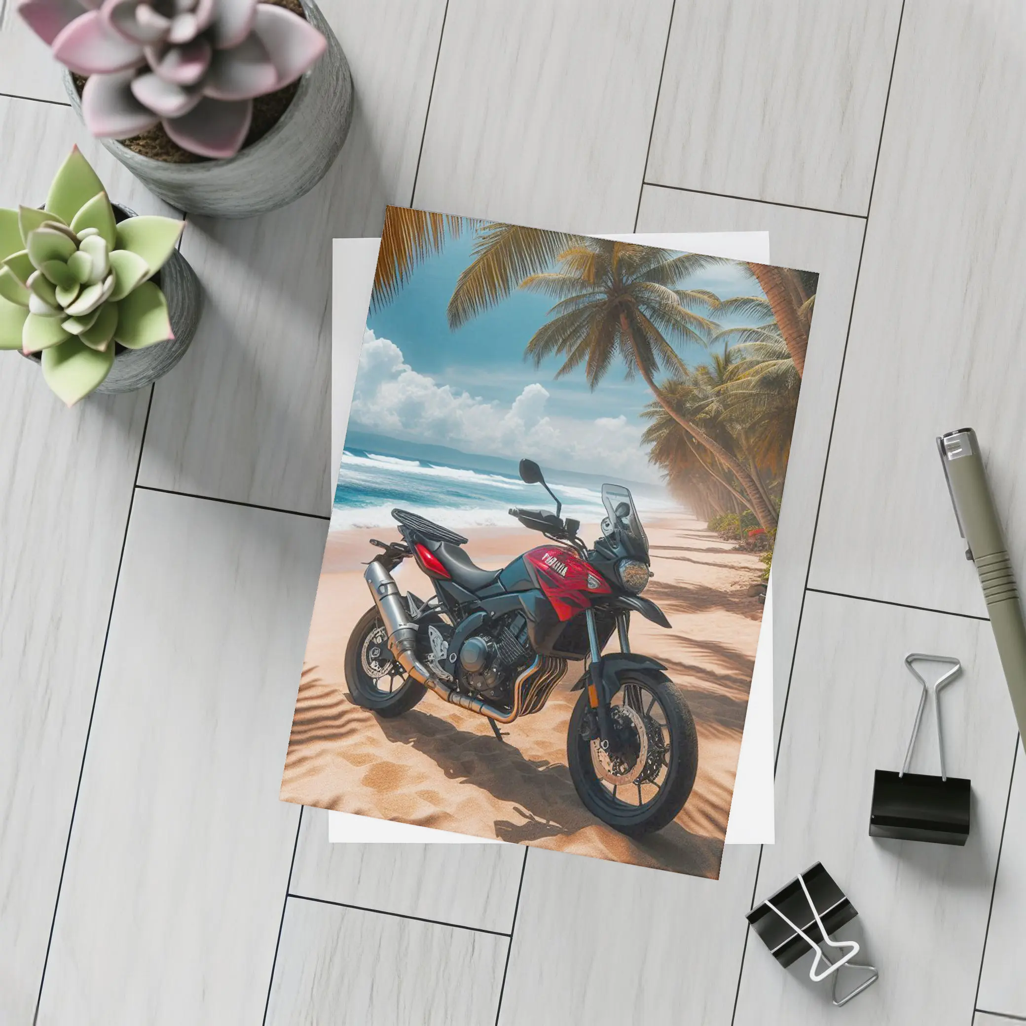 Yamaha Adventure Motorcycle Tropical Beach Scene – Postcards