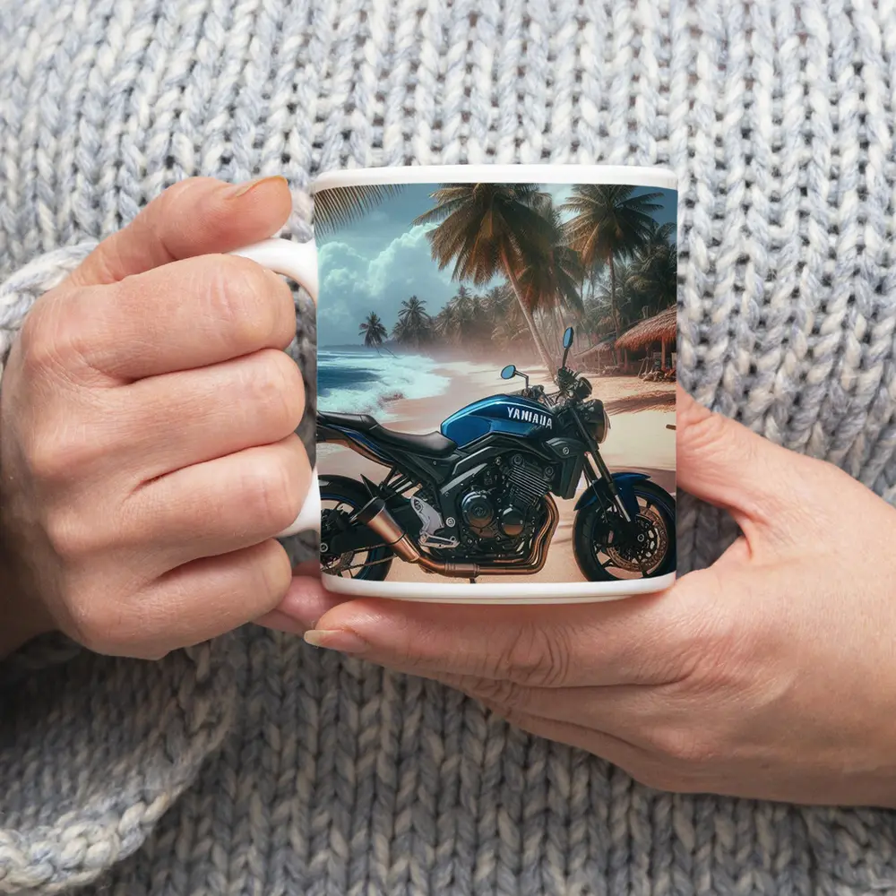 Yamaha Motorcycle Parked On Tropical Beach – Mugs