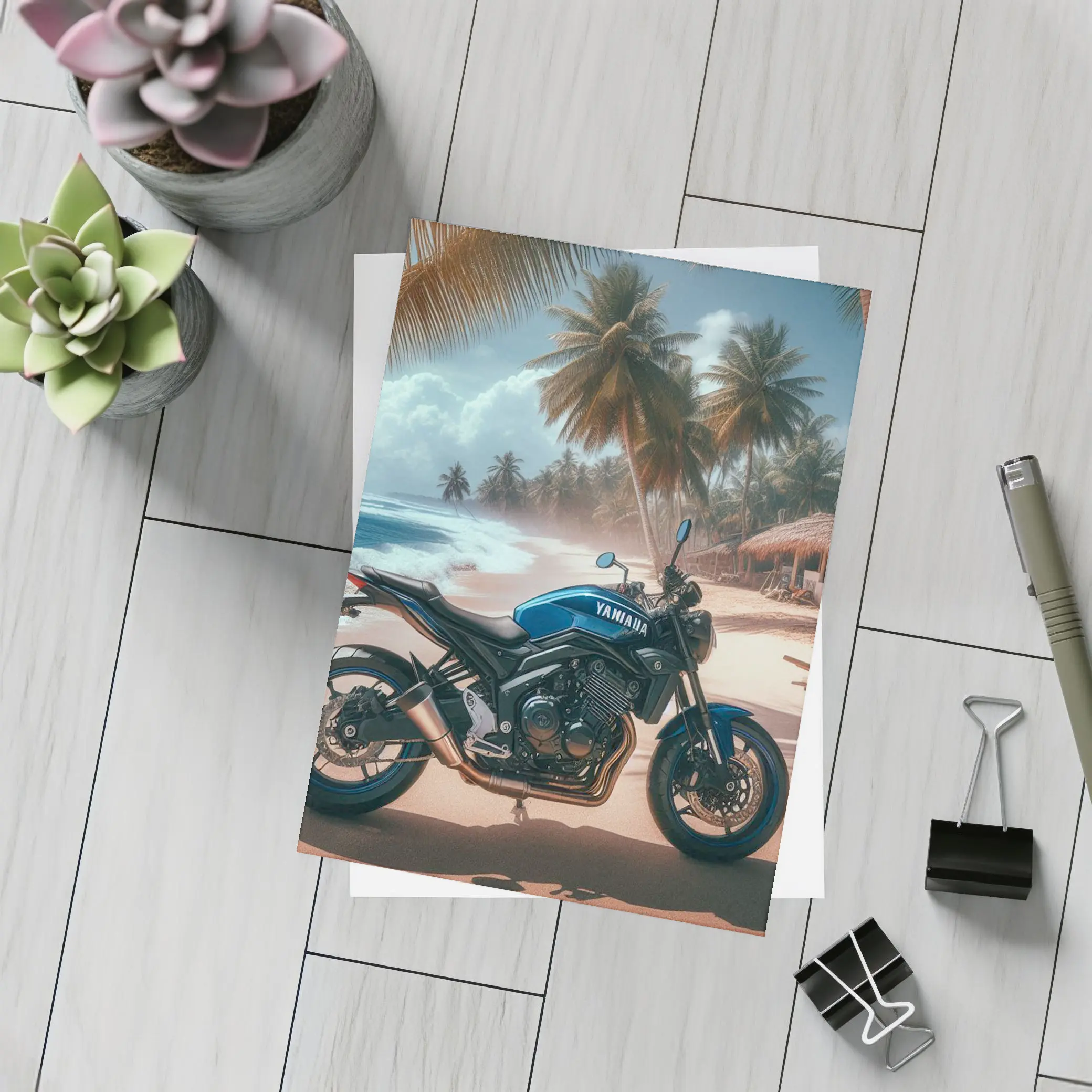Yamaha Motorcycle Parked On Tropical Beach – Postcards