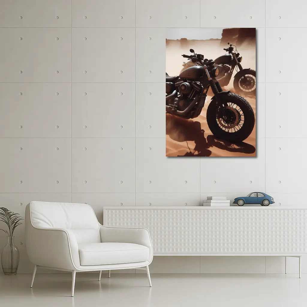 Dark Motorcycles Parked On Desert Sand – Wall Art