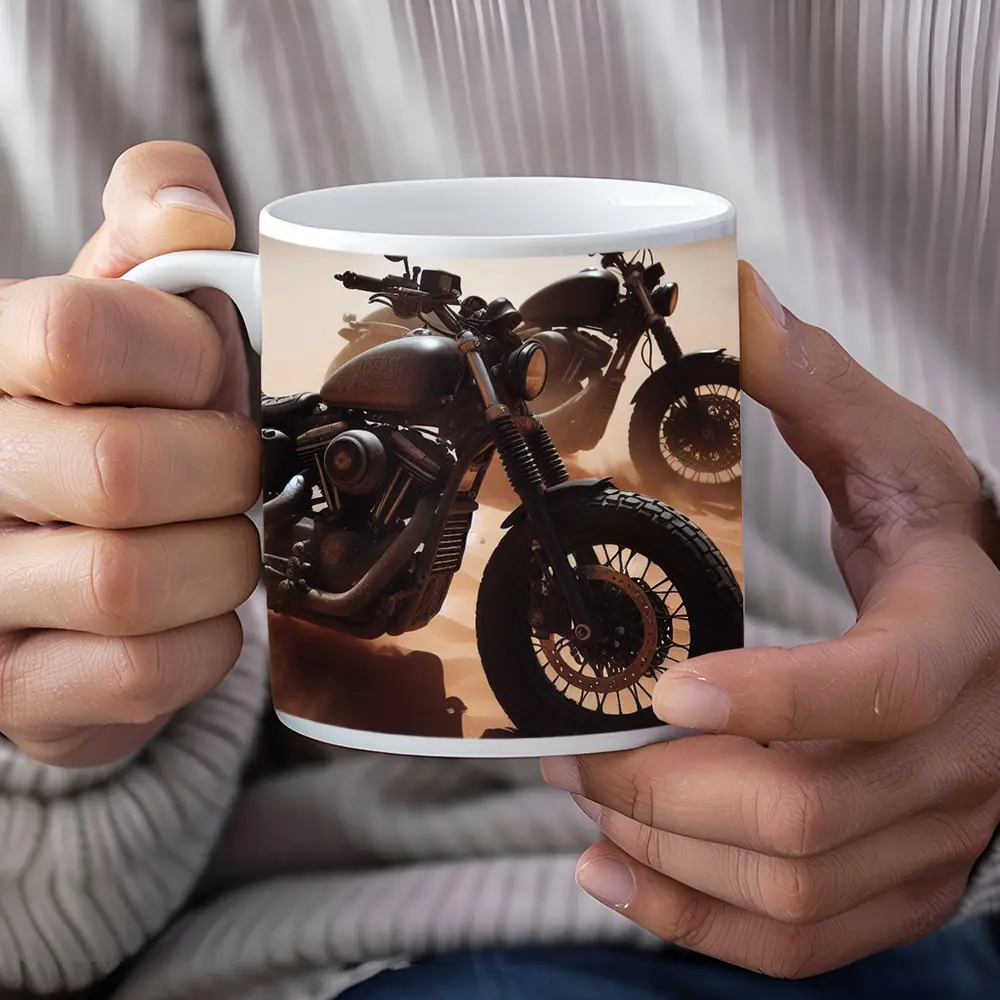 Dark Motorcycles Parked On Desert Sand – Mugs