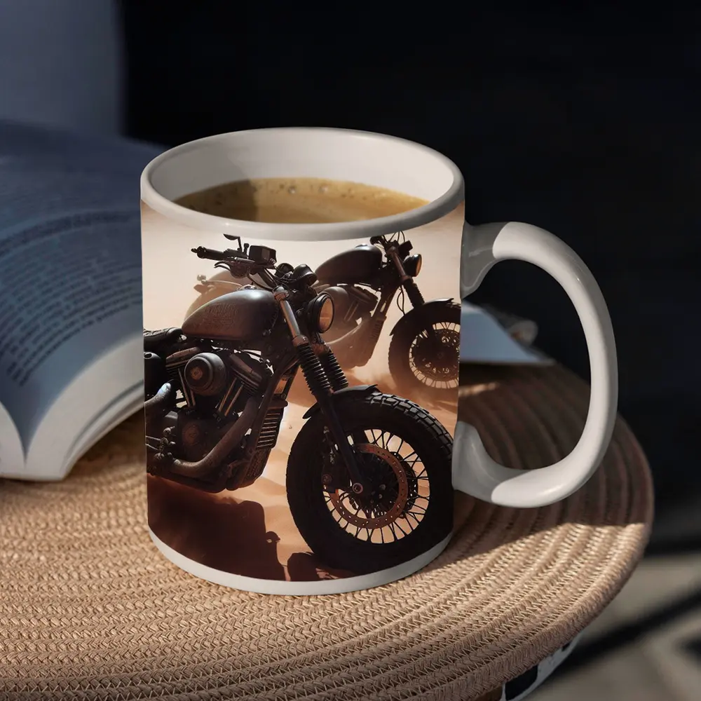 Dark Motorcycles Parked On Desert Sand – Mugs