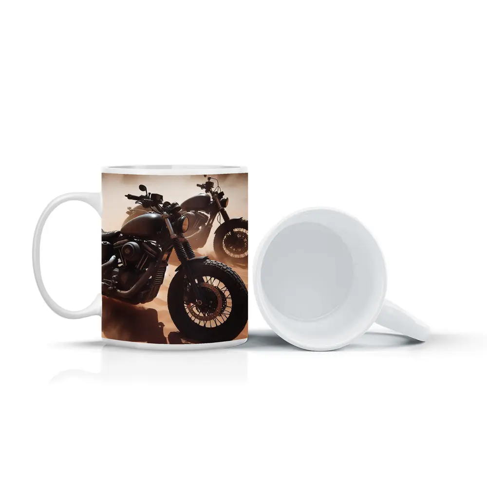 Dark Motorcycles Parked On Desert Sand – Mugs