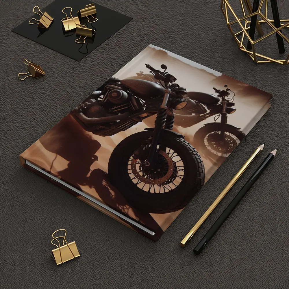 Dark Motorcycles Parked On Desert Sand – Notebooks