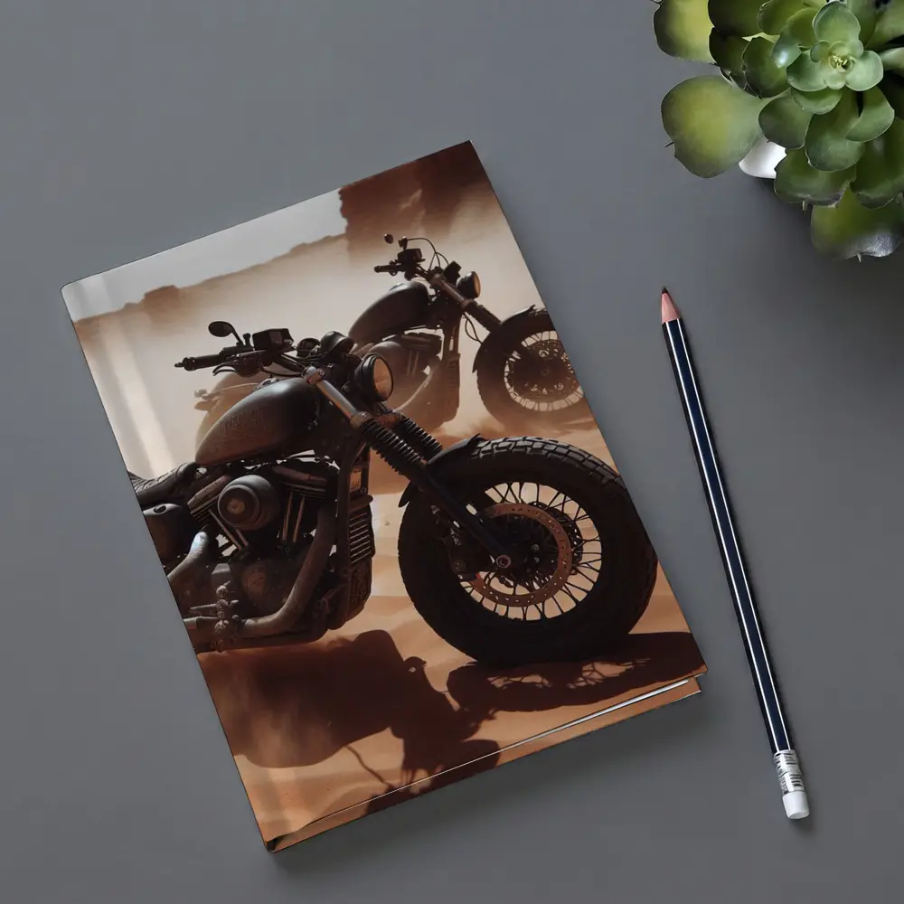 Dark Motorcycles Parked On Desert Sand – Notebooks