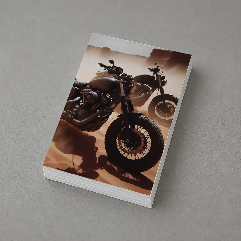 Dark Motorcycles Parked On Desert Sand – Postcards