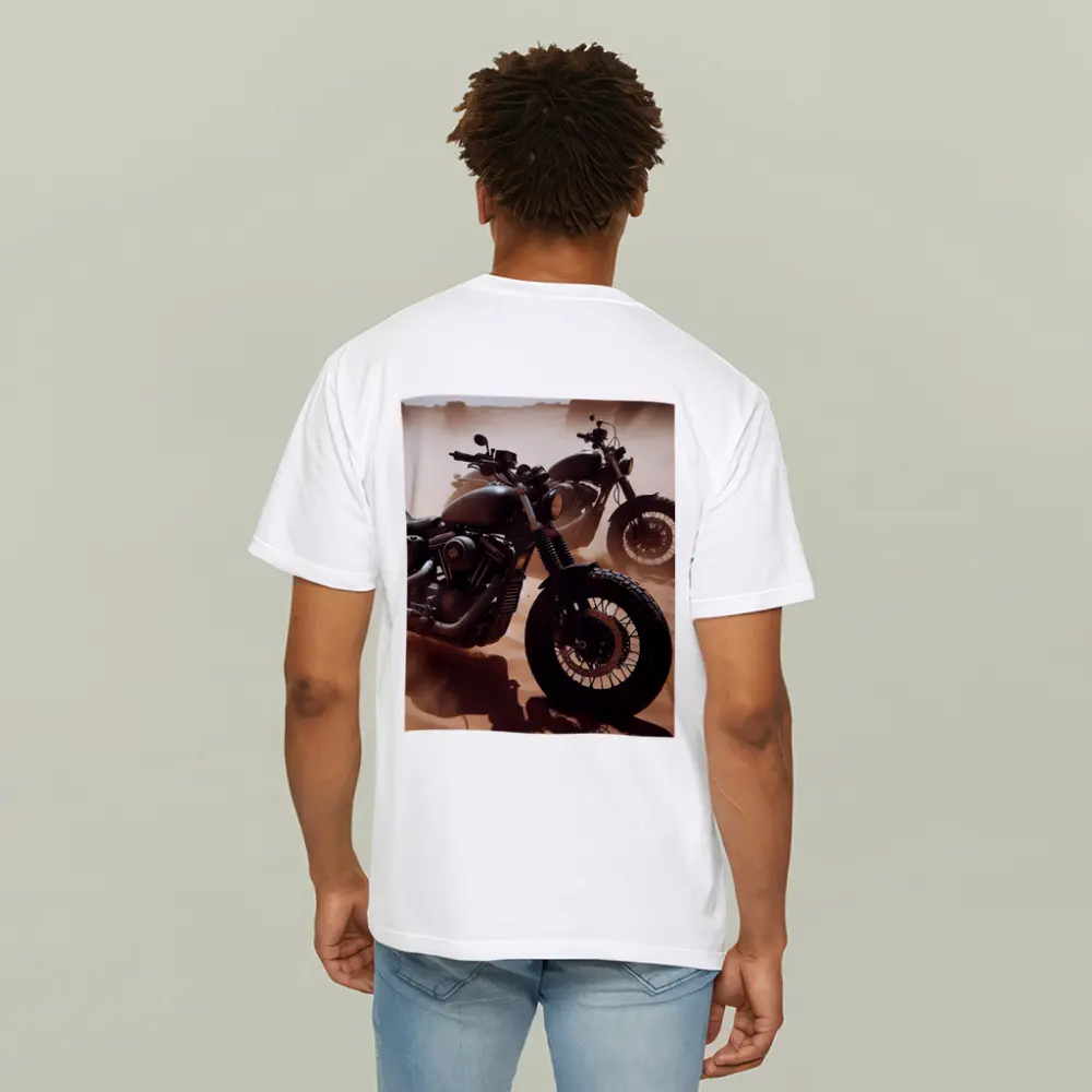 Dark Motorcycles Parked On Desert Sand – T-Shirts