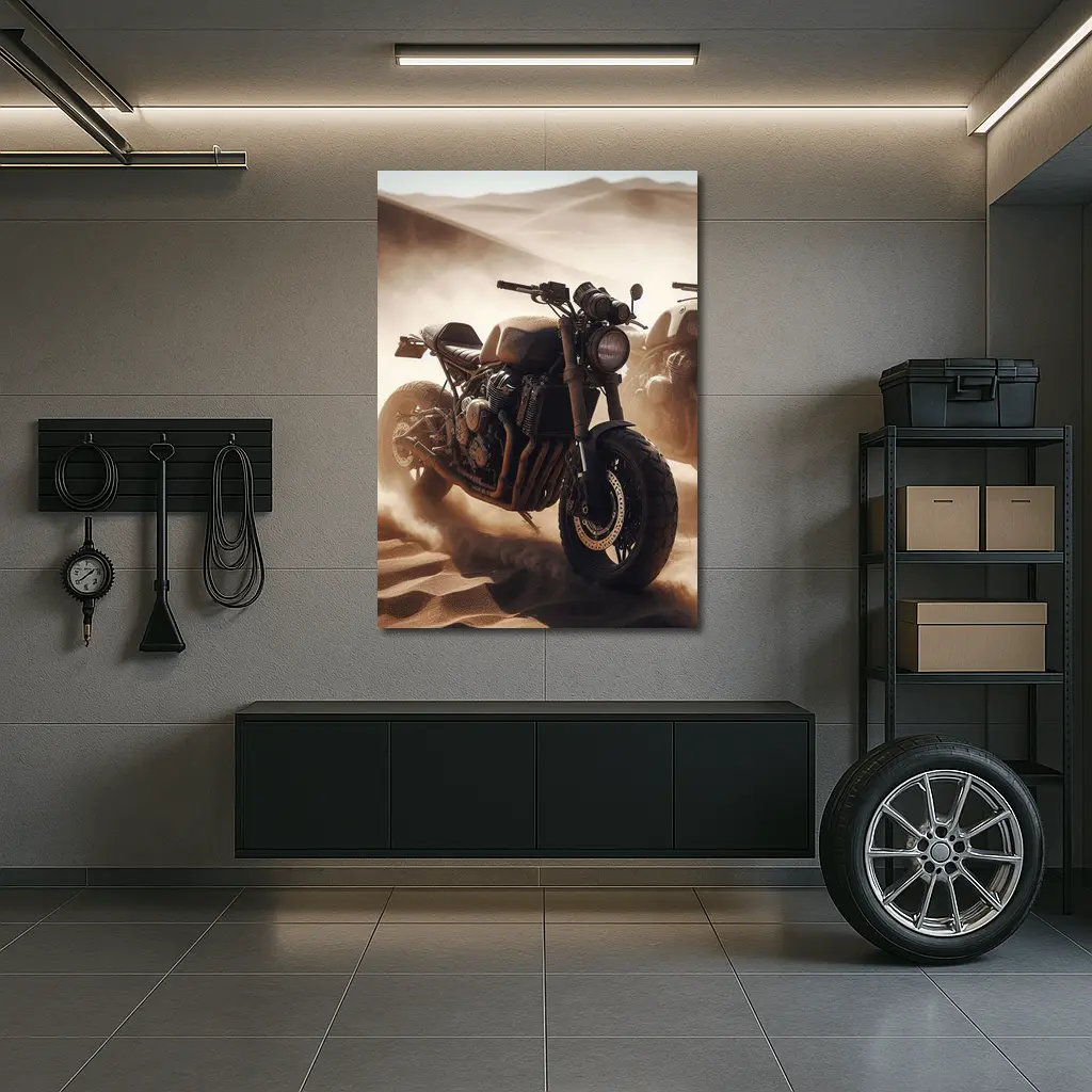 Cafe Racer Motorcycle Riding Through Desert Dunes – Wall Art