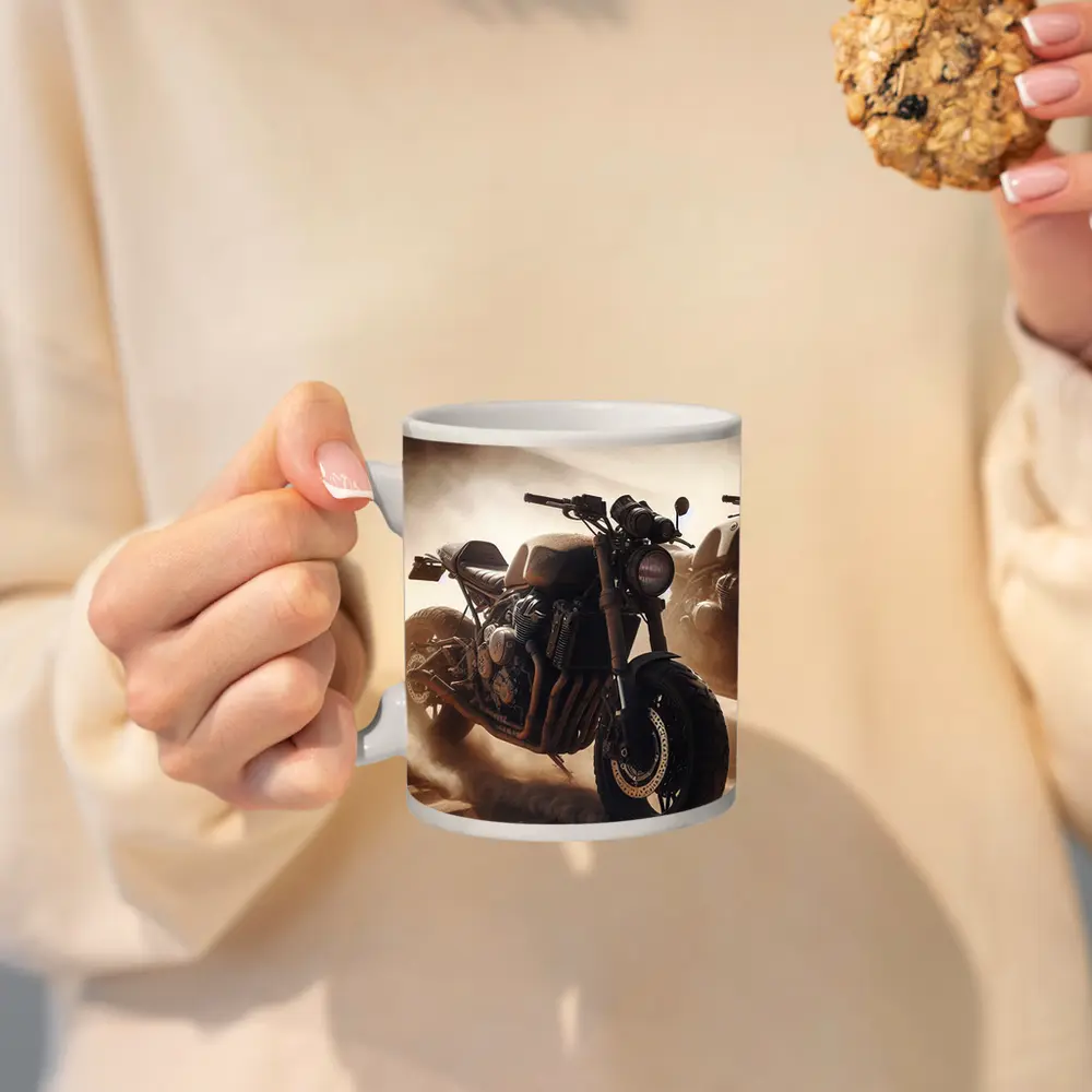 Cafe Racer Motorcycle Riding Through Desert Dunes – Mugs