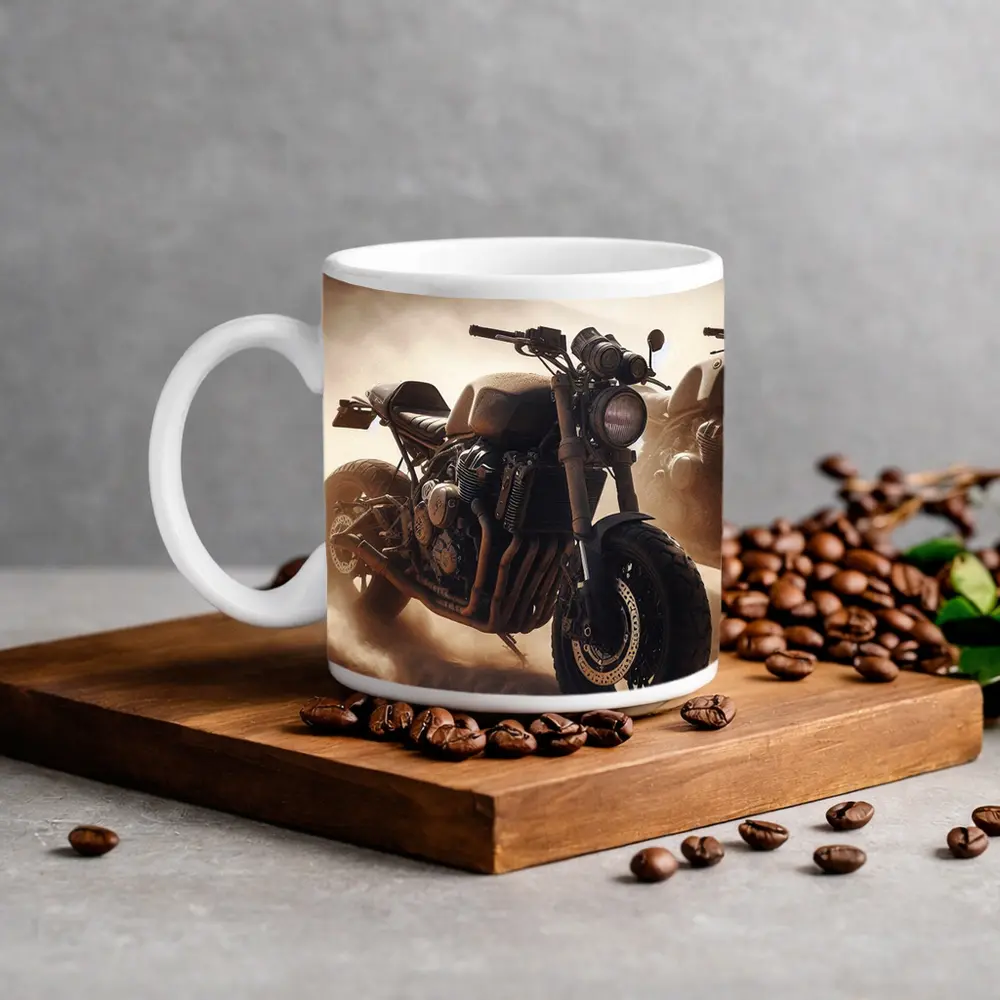 Cafe Racer Motorcycle Riding Through Desert Dunes – Mugs