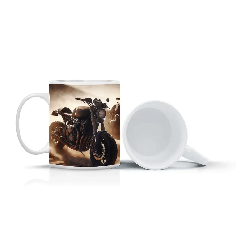 Cafe Racer Motorcycle Riding Through Desert Dunes – Mugs