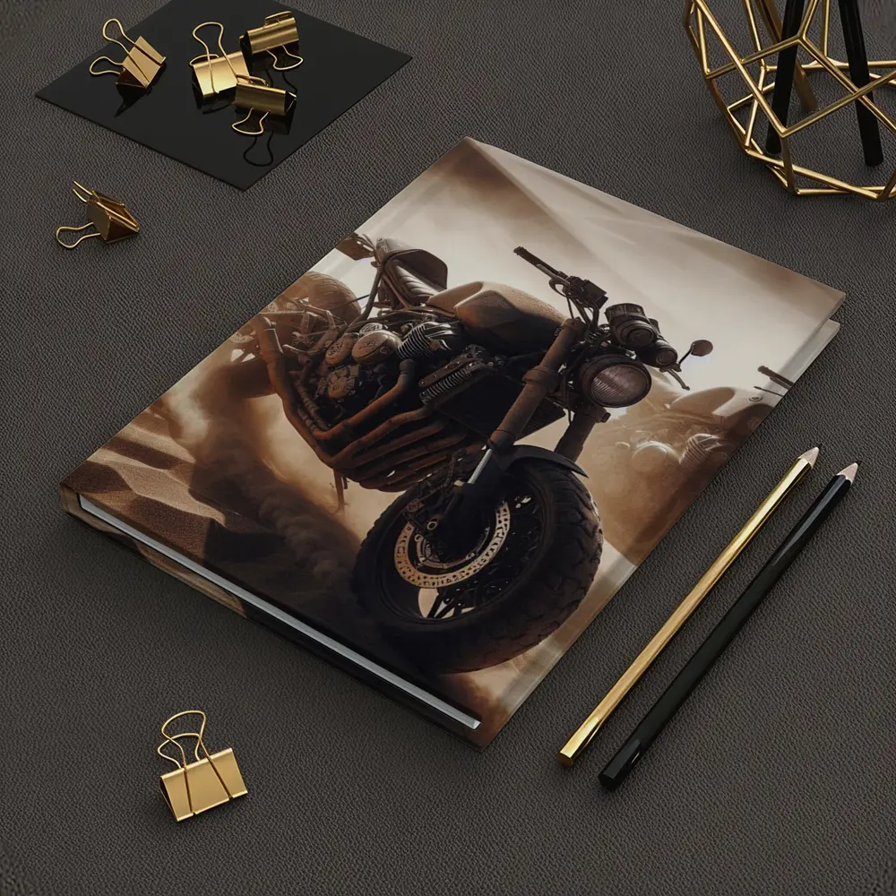 Cafe Racer Motorcycle Riding Through Desert Dunes – Notebooks
