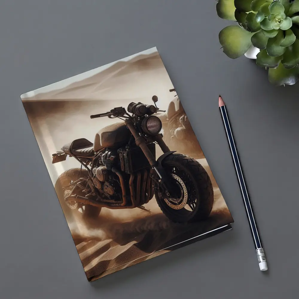 Cafe Racer Motorcycle Riding Through Desert Dunes – Notebooks