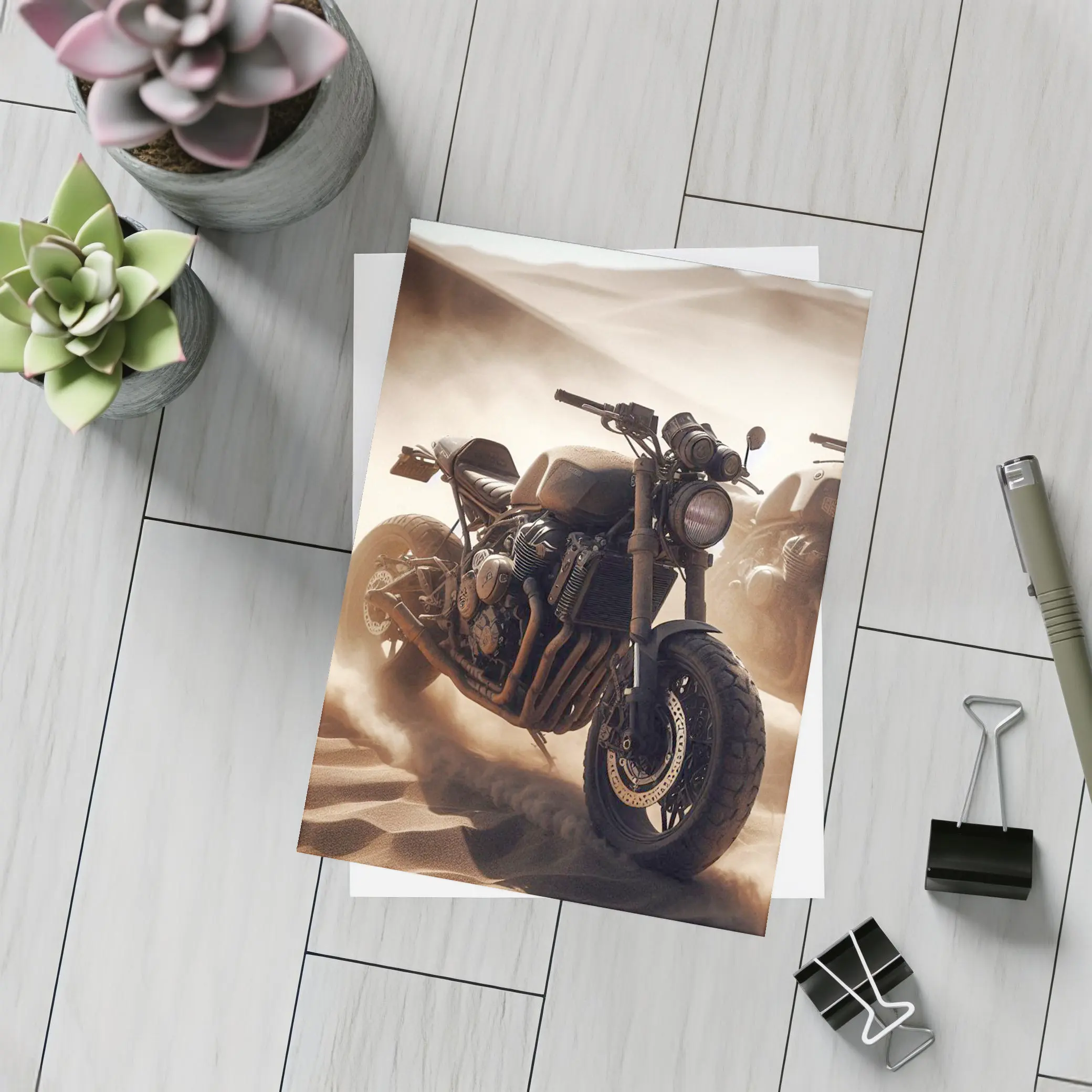 Cafe Racer Motorcycle Riding Through Desert Dunes – Postcards