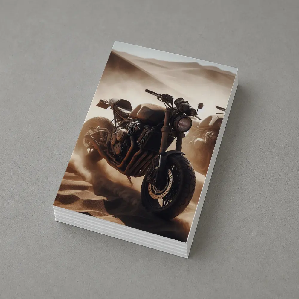 Cafe Racer Motorcycle Riding Through Desert Dunes – Postcards