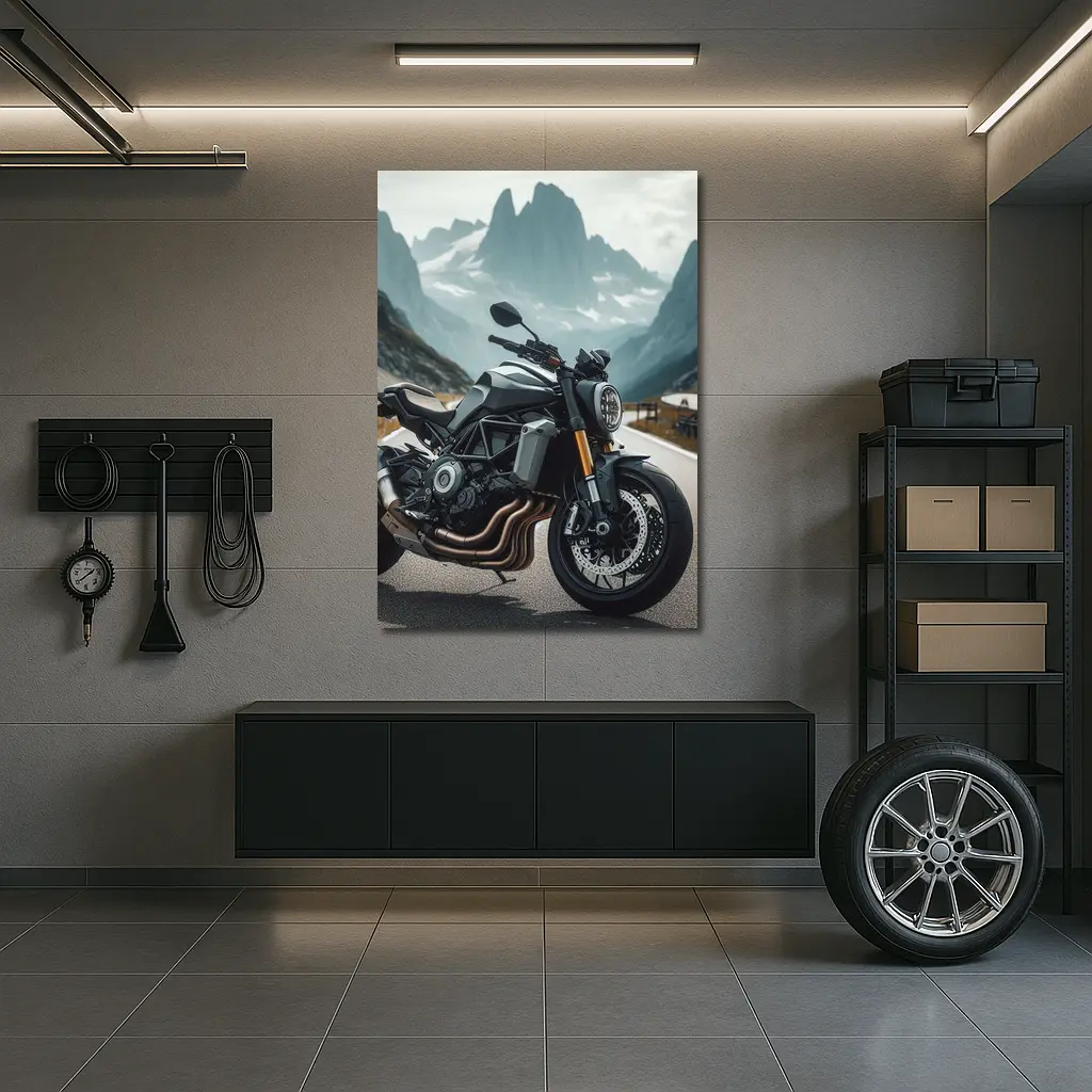 Ducati Monster White Streetfighter on Alpine Mountain Road – Wall Art