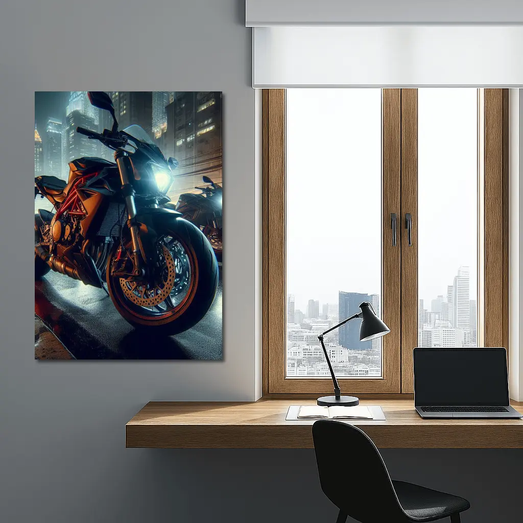 Orange KTM Naked Bike Rainy City Night – Wall Art