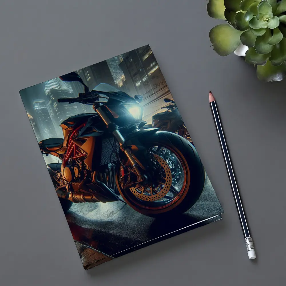 Orange KTM Naked Bike Rainy City Night – Notebooks