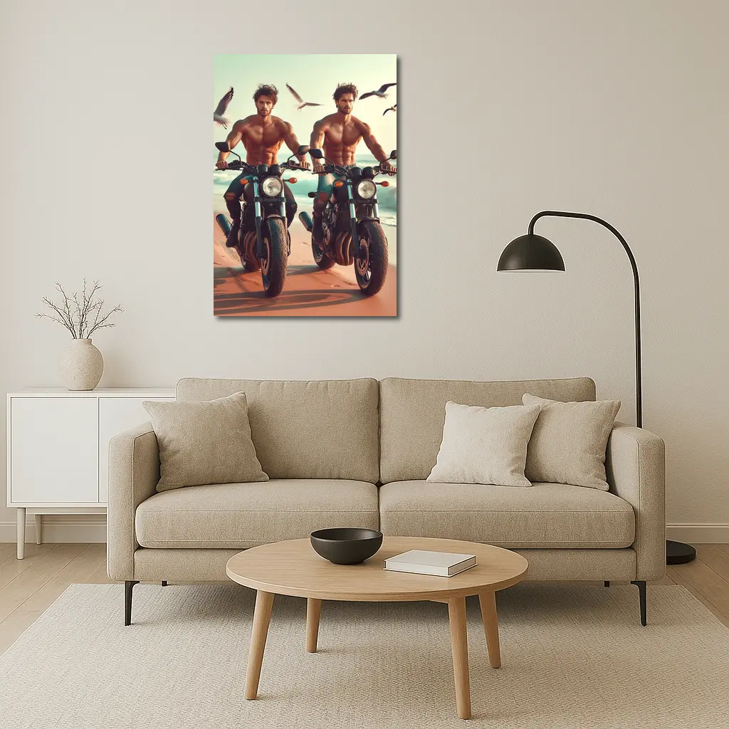 Shirtless Men Riding Motorcycles Beach Seagulls – Wall Art