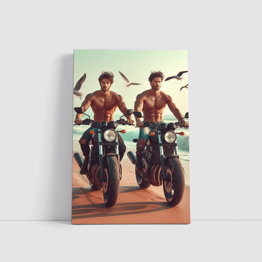 Shirtless Men Riding Motorcycles Beach Seagulls – Wall Art
