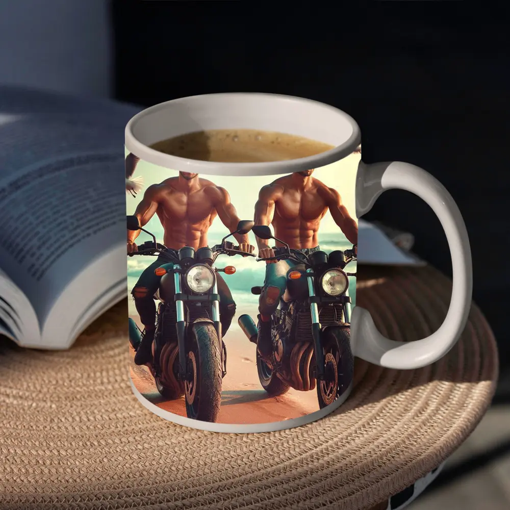 Shirtless Men Riding Motorcycles Beach Seagulls – Mugs
