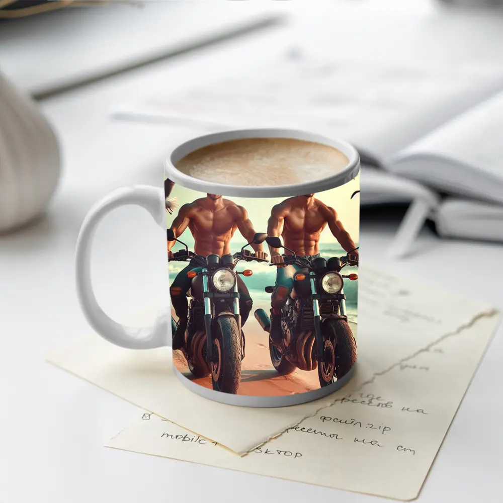 Shirtless Men Riding Motorcycles Beach Seagulls – Mugs