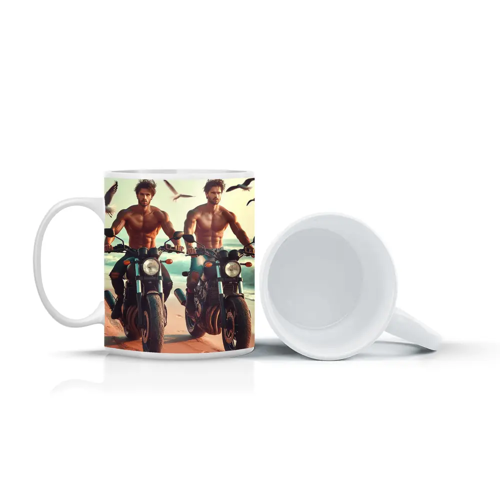 Shirtless Men Riding Motorcycles Beach Seagulls – Mugs
