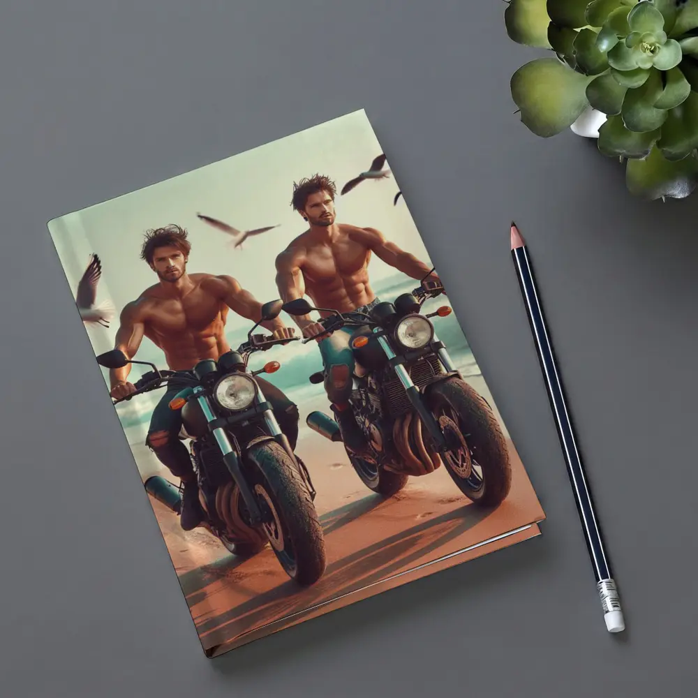 Shirtless Men Riding Motorcycles Beach Seagulls – Notebooks