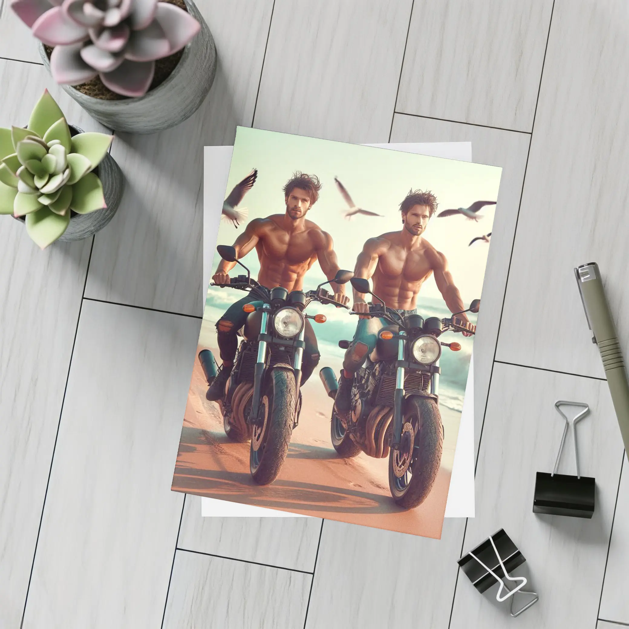 Shirtless Men Riding Motorcycles Beach Seagulls – Postcards
