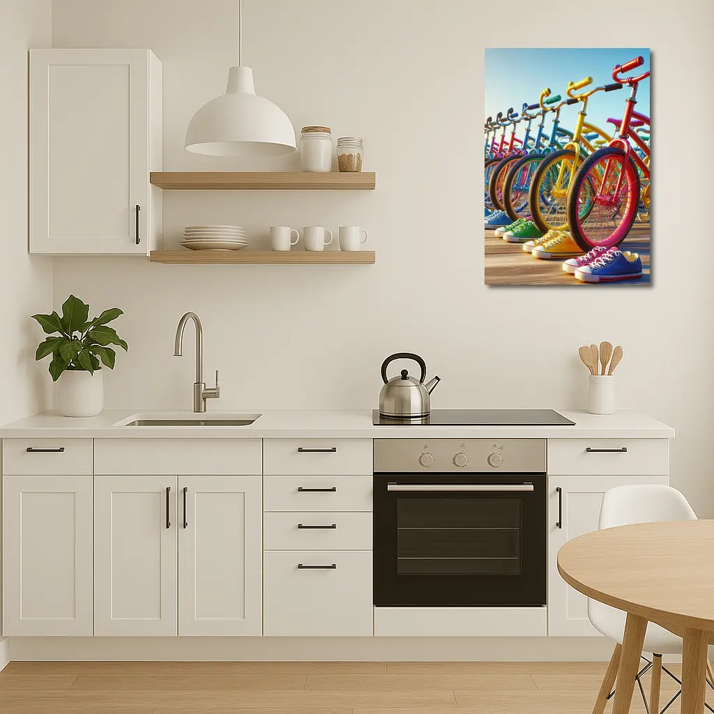 Colorful Bicycles and Sneakers on Boardwalk – Wall Art
