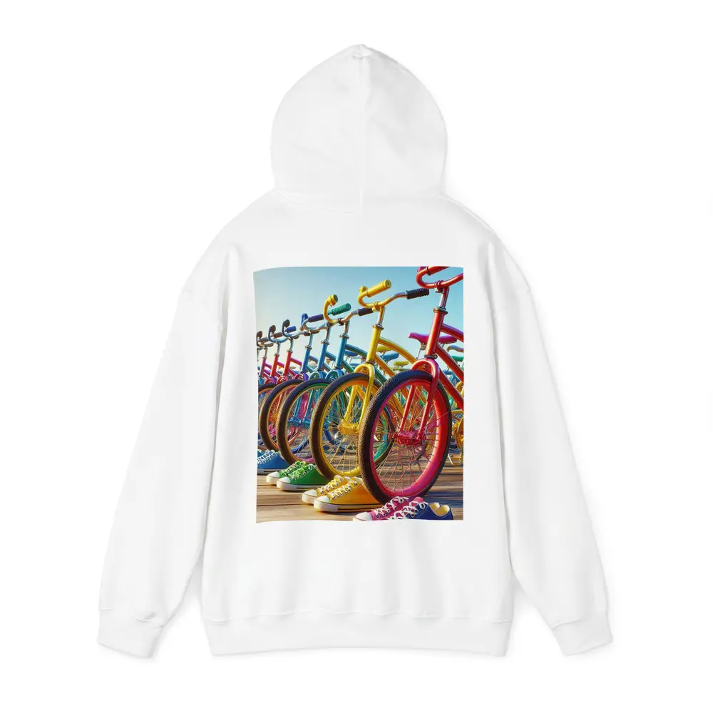 Colorful Bicycles and Sneakers on Boardwalk – Hoodies