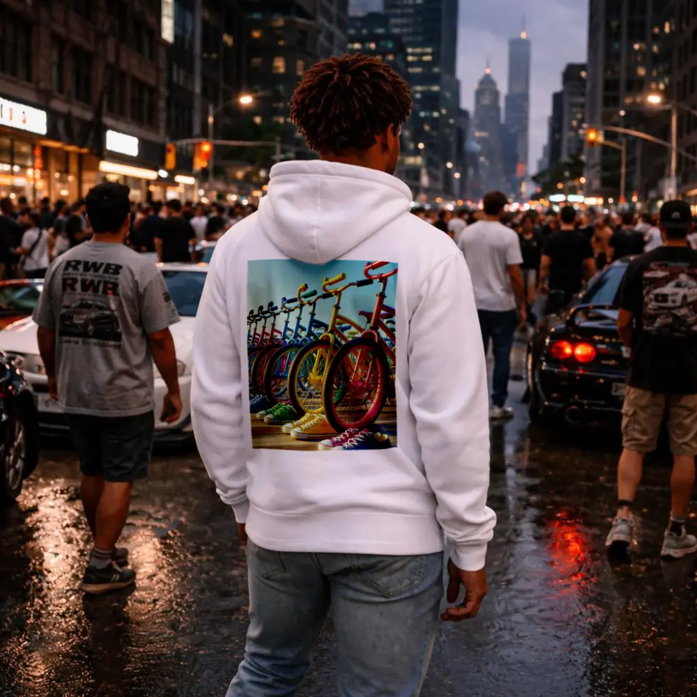 Colorful Bicycles and Sneakers on Boardwalk – Hoodies