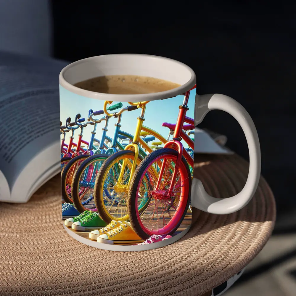 Colorful Bicycles and Sneakers on Boardwalk – Mugs