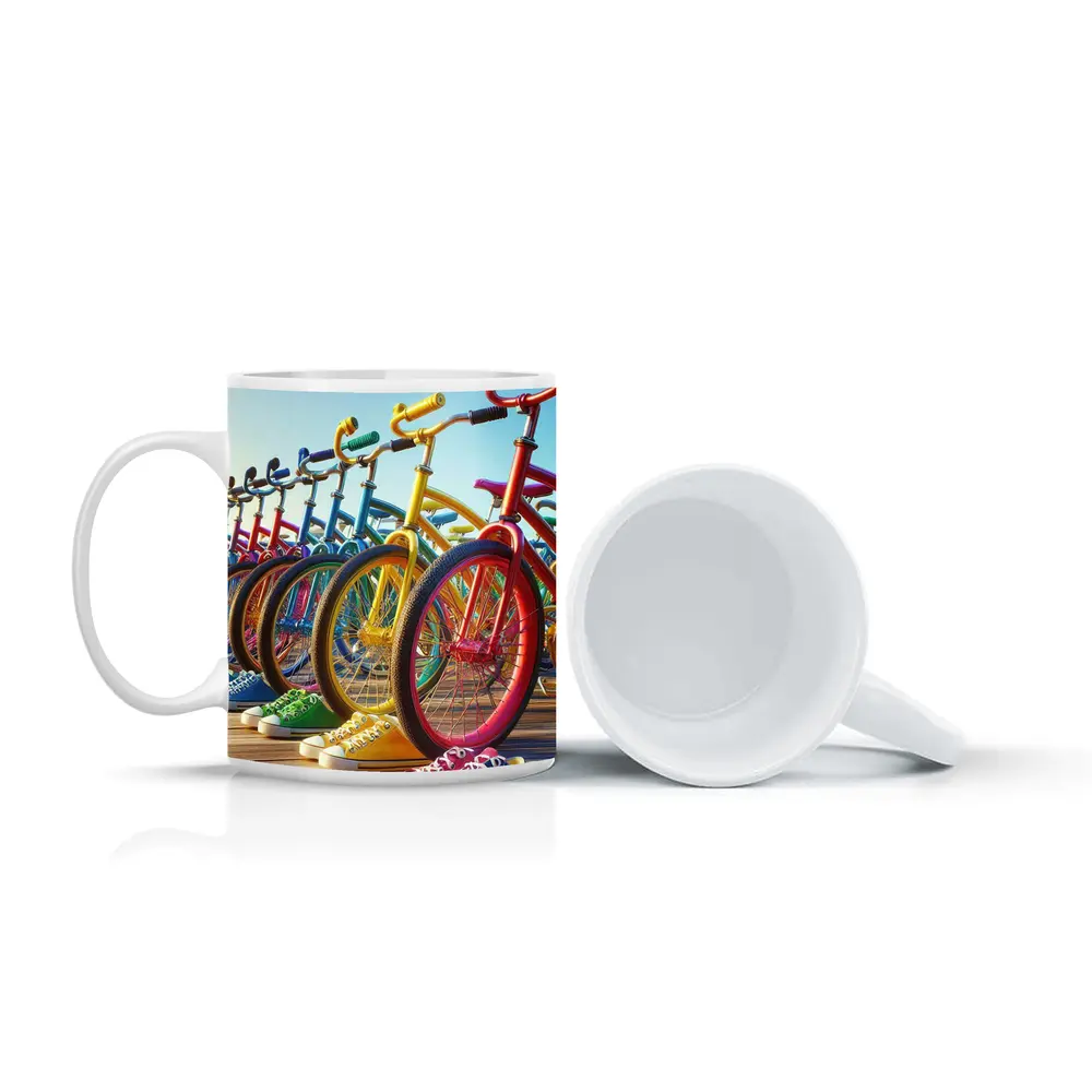 Colorful Bicycles and Sneakers on Boardwalk – Mugs