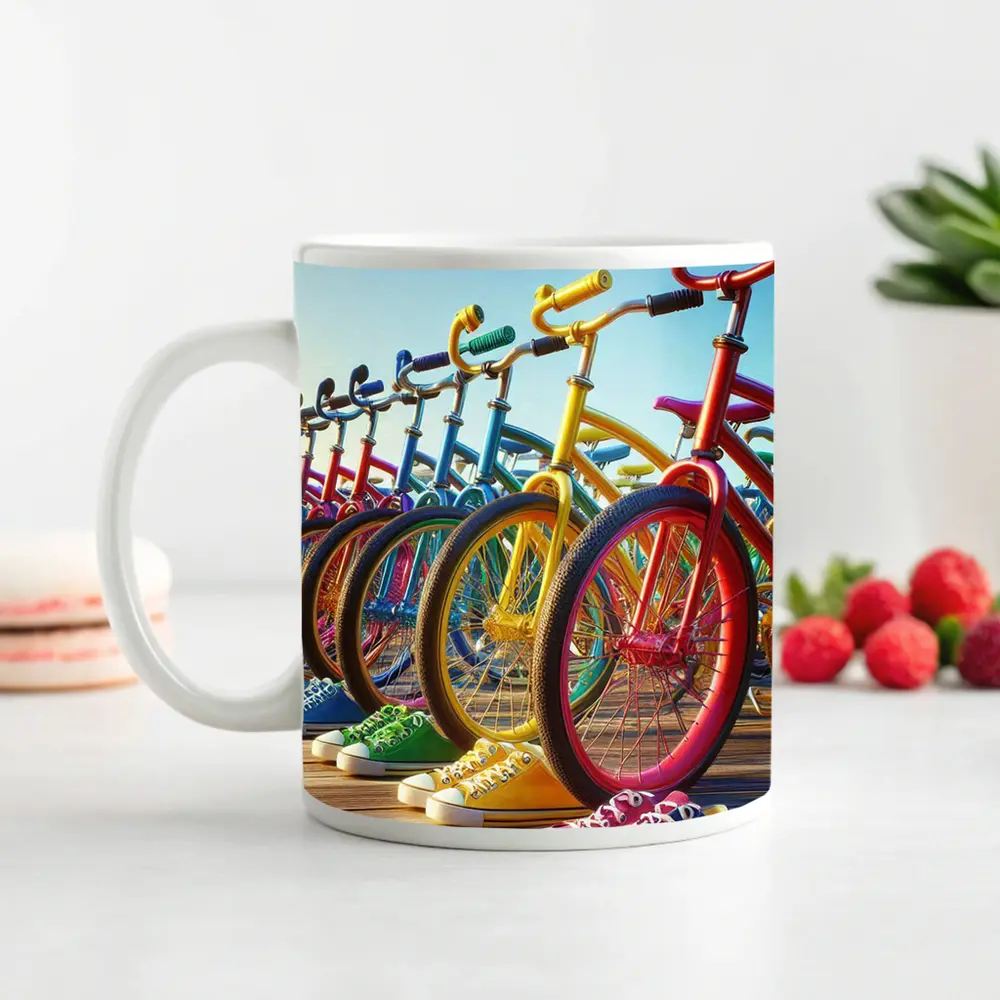 Colorful Bicycles and Sneakers on Boardwalk – Mugs