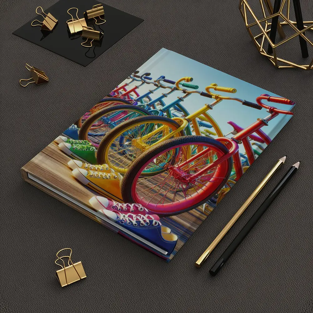 Colorful Bicycles and Sneakers on Boardwalk – Notebooks