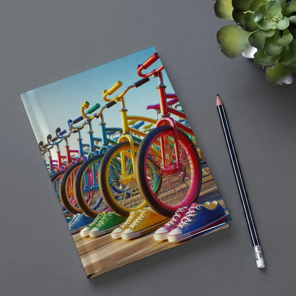 Colorful Bicycles and Sneakers on Boardwalk – Notebooks